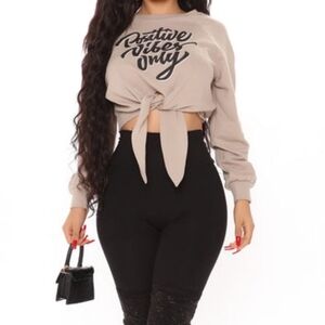 Positive Vibes Only Graphic Tie-Front Crop Sweatshirt Size XL Tan Beige